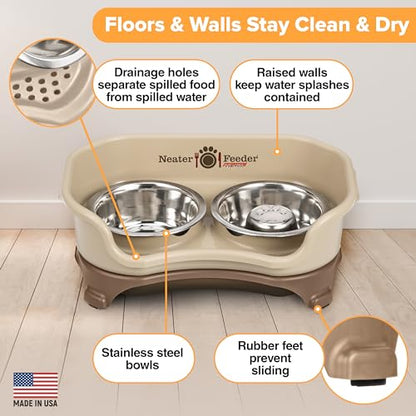 Neater Feeder Express Mess Proof Dog Bowls Elevated for Small Breeds Under 15 Lb, Made in USA, No Spill Raised Dog Food Bowl Stand, Stainless Steel Slow Feed and Standard Water Bowl Set, Cappuccino - color: Cappuccino, size: Small w/ Metal Slow Feed Bowl