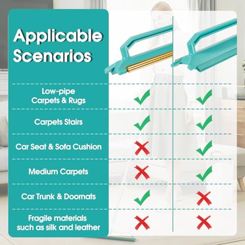 Carpet Rake for Pet Hair Removal, 2 in 1 Silicone and Copper Rake Teeth Carpet Rake with 59” Adjustable Long Handle, Reusable Pet Hair Remover Tool Kit with Carpet Scraper and Glove - size: 59”