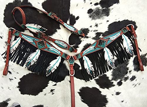 Showman Leather Headstall & Breast Collar Set w/Teal Cut-Out Feather Design Average Full Size Horse