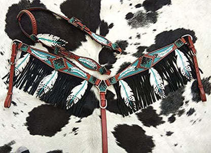 Showman Leather Headstall & Breast Collar Set w/Teal Cut-Out Feather Design Average Full Size Horse