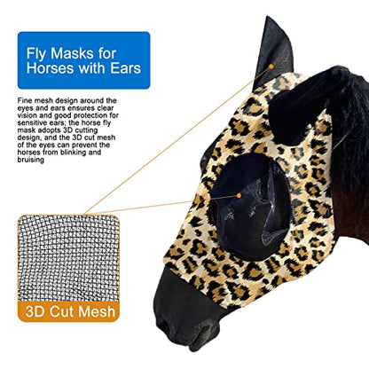 Upgrade Uv Horse Fly Mask with Ears - Equine Sunscreen Lycra Quiet Ride Elasticity Fly Mask with Ear Protection (Leopard Print) - color: Leopard print