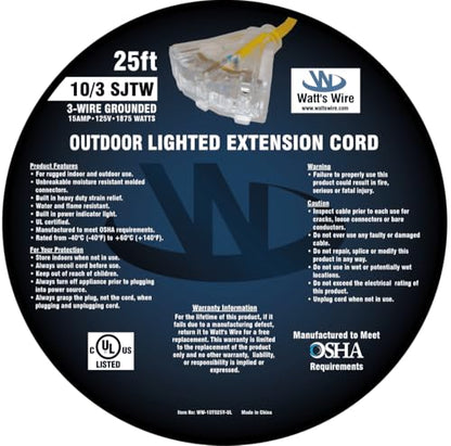 25 ft 10 Gauge Extension Cord - Outdoor Extension Cord - Watt's Wire - size: 25 Ft