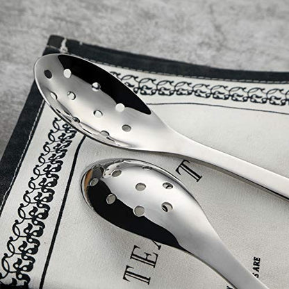 AOOSY Small Slotted Spoons,Modern Stylish Thick Heavy-weight Short handle Stainless Steel 10 Holes Durable Caviar Spoon for Soup Cereals Dips Curry Sauces Stews, Set of 2