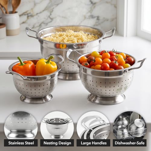 OVENTE Premium Stainless Steel Colander Set of 3, Silver C46263S | Comes with different sizes: 1.5, 3, 5 QT, Comfortable Large Handles, Ideal for draining pasta or Rinsing Vegetables or fruits - size: 5, 3, 1.5 Quarts, style: Colander Set of 3