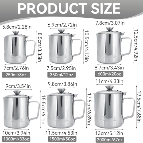 Milk Frothing Pitcher, Stainless Steel Milk Steaming Pitcher with Lid, Coffee Cup Mug Espresso Coffee Milk Frothing Jug Coffee Creamer Container Dispenser Cup Mug for Latte Coffee Art (2000ML) - size: 2000ML