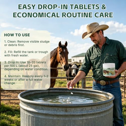 Stock Tank Defense Tablets for Livestock Water Troughs, Helps Reduce Feed Residue, Surface Film and Visible Buildup for Horses, Cattle, Goats, Sheep and Chickens, Easy & Animal-Safe Care, 300 Count