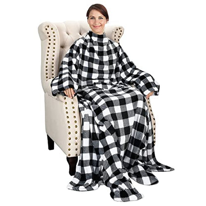 Catalonia Wearable Blanket with Sleeves & Foot Pocket for Adults - color: Plaid White, size: Fleece