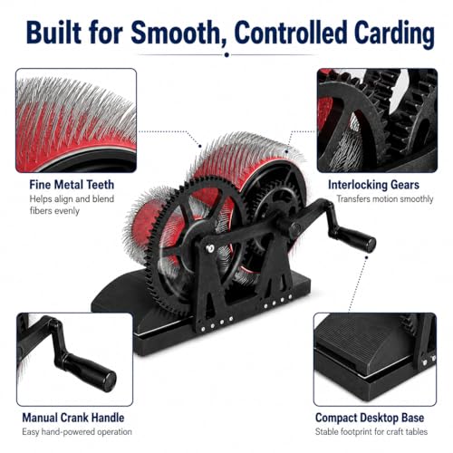Manual Wool Carding Machine, Hand Crank Drum Carder for Wool Fiber Blending, Combing, Color Mixing, Felting, Spinning, Pom Pom Making and Pet Hair Processing, DIY Fiber Craft Tools