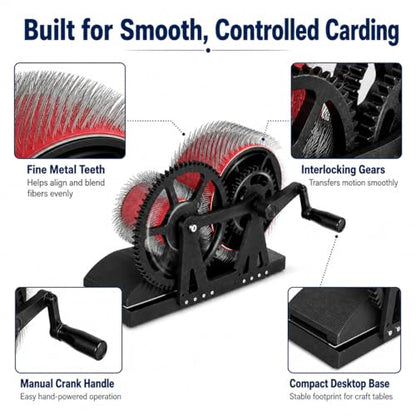 Manual Wool Carding Machine, Hand Crank Drum Carder for Wool Fiber Blending, Combing, Color Mixing, Felting, Spinning, Pom Pom Making and Pet Hair Processing, DIY Fiber Craft Tools