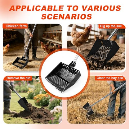 12inch Width Heavy Duty 2-in-1 Chicken Poop Scooper & Rake, Stainless Steel Chicken Coop Litter Sifting Shovel with Ergonomic Grip & Adjustable Angle, Sand Scoop for Coop, 37-54 Inch (12inch)