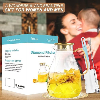 Glass Pitcher, 3 Liter Water Pitcher With Lid | Iced Tea Pitcher for Fridge, Glass Water Carafe With Lid, Glass Water Jug, Large Drink Pitcher For Juice, Milk, Cold Or Hot - size: 3.0 liters