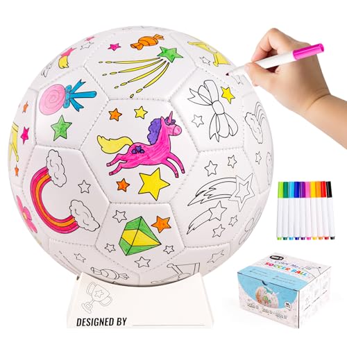 EVERICH TOY Paint Your Own Soccer Ball, Unicorn Soccer Gifts for Girls Boys | 3 4 5 6 7 8 Year Old Girl Birthday Gifts, Arts and Crafts Kit for Kids, Size 3 Sports DIY Coloring Soccer Ball with Markers - color: Unicorn