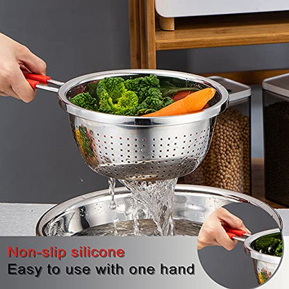 Stainless Steel Perforated Metal Colander Strainer with Long Red Handle Sieve Sifters Use for Kitchen Food Pasta Noodles Spaghetti Vegetables Silver - 10.24 inch (C072-Mer-26) - color: Red Single Handle 10.24 inch