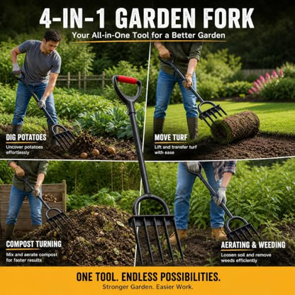 5-Tine Heavy Duty Pitch Fork for Gardening - Long Handled Digging Fork Garden Claw Weeder