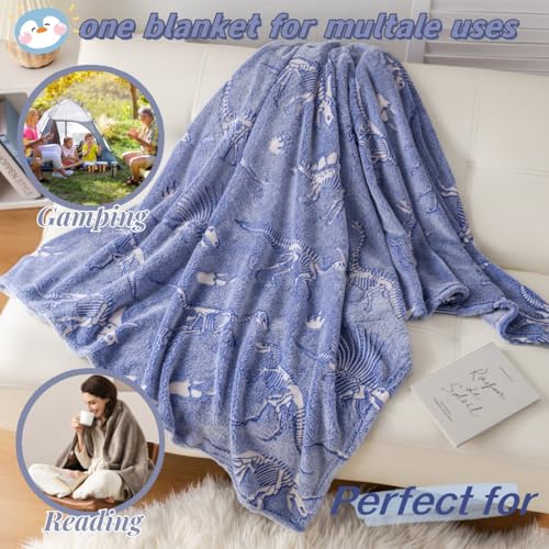 Best Gift Dinosaur Gifts Toys for Kids Boys, Fossil Pattern Blankets Glow in The Dark Throw Blanket, Soft Plush Kids Blanket, Fun Theme, Birthday, 50"*60", Blue - color: Dinosaur Fossil Blue