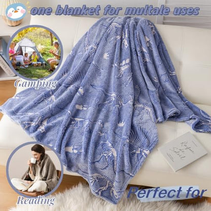 Best Gift Dinosaur Gifts Toys for Kids Boys, Fossil Pattern Blankets Glow in The Dark Throw Blanket, Soft Plush Kids Blanket, Fun Theme, Birthday, 50"*60", Blue - color: Dinosaur Fossil Blue