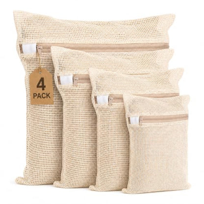 Mesh Laundry Bags for Delicates 4 Pack 4 Sizes – Pure Cotton Breathable Zippered Delicate Wash Bags for Washing Machine, Lingerie, Clothes, (7.9" x11.8", 11.8" x 15.7", 15.7" x 19.7", 19.7" x 23.6") - size: (S+M+L+XL)-1PC