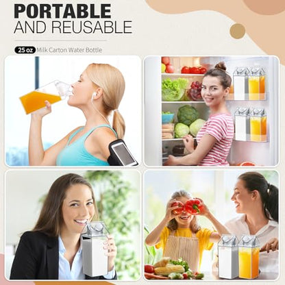 Remerry 3 Pcs Milk Carton Water Bottle Square Plastic Coffee Portable Reusable Milk Carton Cup Leakproof Juice Bottle - color: Clear, size: 25 oz