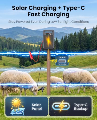 Solar Electric Fence Charger, 0.4J, 15 Mile Fence Energizer | 24/7 Fence Protection With Battery Display, Smart Monitoring, Solar & Type-C Charging For Gardens, Livestock And Farms