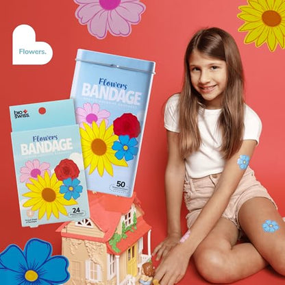 BioSwiss Bandages, Flowers Shaped Self Adhesive Bandage Set, Latex Free, Sterile Wound Care, 50 Count - color: Flowers, size: 50-Count Tin