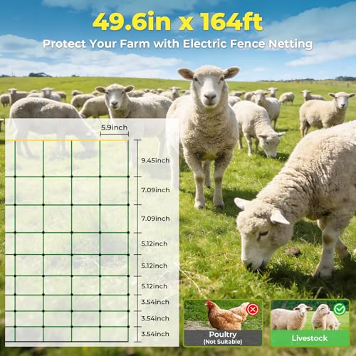 Electric Fence Netting, 164'L x 49.6" H, for Livestock, Goat, Cattle, Sheep