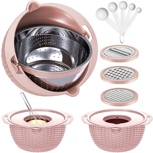 4-1 Colander with Bowl & Spoons Set - Food Strainer with New Upgraded Graters & Spoons - Colanders for kitchen(Patented) - Strainer for Fruit Pasta Veggie, Funny Presents for Women, Pink - color: Pink