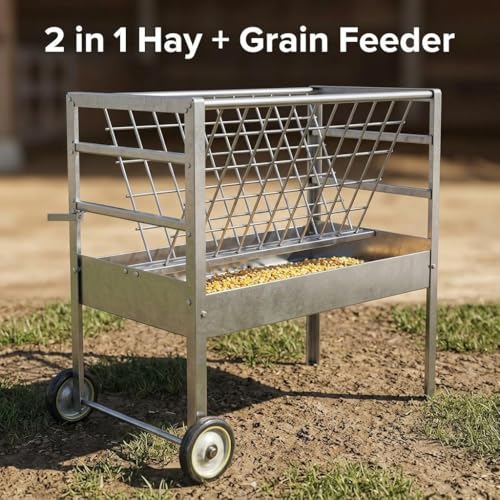 Galvanized Steel Feeder, 2 in 1 Livestock Feeder for Goats Sheep Lambs, Mobile Livestock Feeder with Built-in Wheels