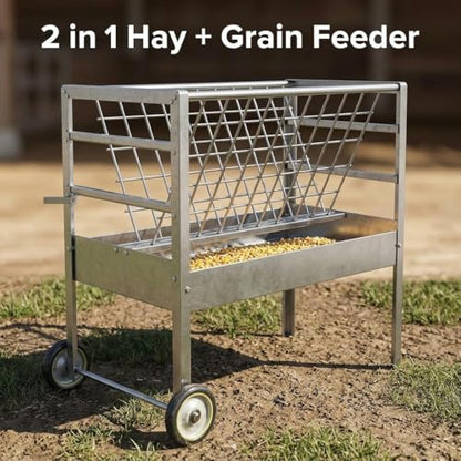 Galvanized Steel Feeder, 2 in 1 Livestock Feeder for Goats Sheep Lambs, Mobile Livestock Feeder with Built-in Wheels