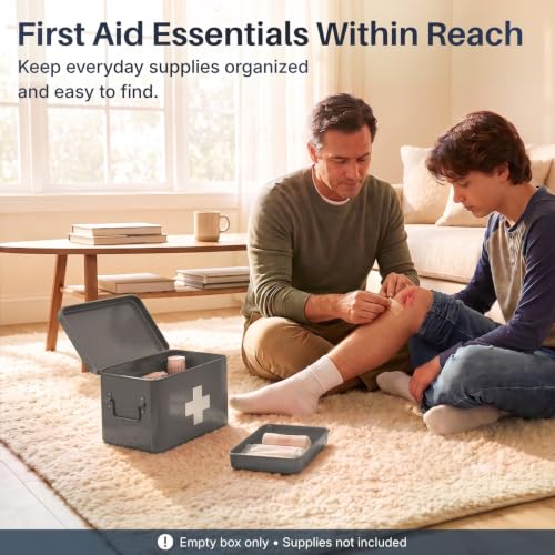 Flexzion Large Metal First Aid Box Empty, 8.5-Inch, Gray with White Cross - color: Gray, size: 8.5 Inch without Latch Lock
