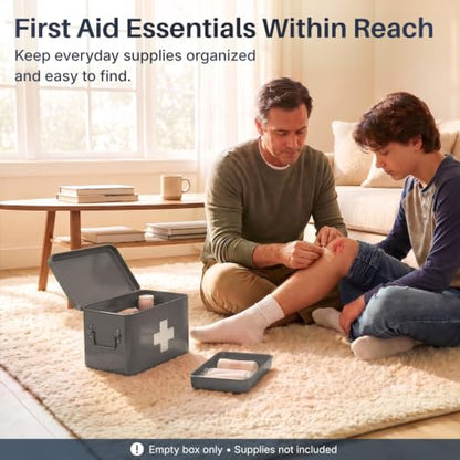 Flexzion Large Metal First Aid Box Empty, 8.5-Inch, Gray with White Cross - color: Gray, size: 8.5 Inch without Latch Lock