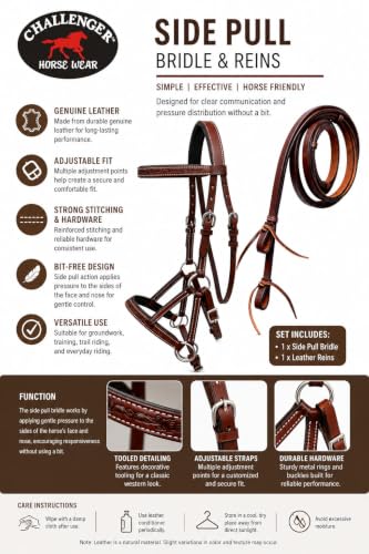 Horse Western Tan Leather Padded Bitless Training Sidepull Bridle Reins - color: Brown Barbed Wire