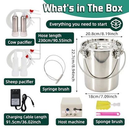 2in1 Cow & Goat Milking Machine 7L Rechargeable Portable Pulsation Milker | Upgrade 7L Food-Grade 304 Stainless Steel Bucket,Vacuum Pump Continuously Adjustable Pulsation Milker with 4 Teat Cups