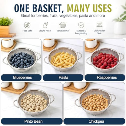 Palksky Small Colander Set of 2, 800 mL / 0.85 Qt Stainless Steel Mini Colanders with Riveted Handles, Footed Base & Micro-Perforations, Berry Wash Bowl for Berries, Fruits, Vegetables & Pasta - color: Small Colander 2 PCS