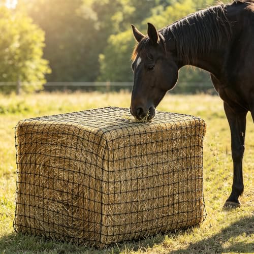 6×6FT Large Square Knotless Hay Net, Thickened Durable Slow Feed Feeder for Horses, Cattle & Sheep, 2 Inch Mesh, Fits 4×4–6×6FT Round Hay Bales & 3×3×8–4×4×8FT Square Hay Bales