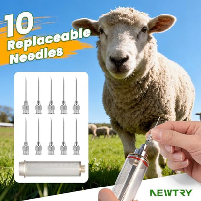 NEWTRY 50ML Continuous Livestock Syringe Adjustable Poultry with 10 Needles - size: 50ML