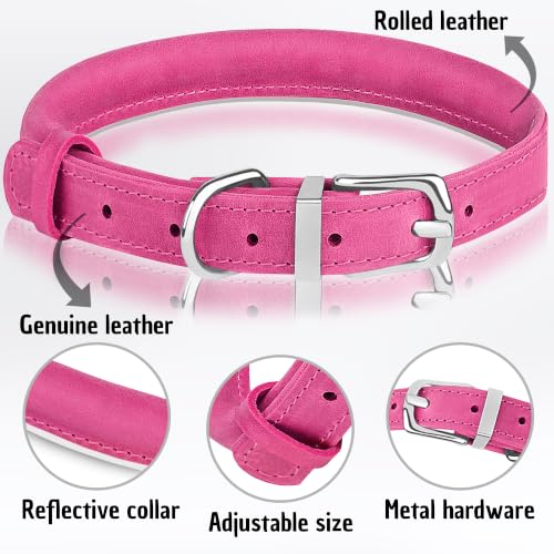 OOPSDOGGY Rolled Leather Dog Collar Reflective – Genuine Leather Round Dog Collar for Small Medium Large Dogs (Fuchsia, 12" – 15") - color: Fuchsia, size: 12" – 15"