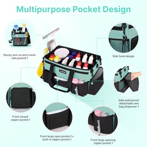 JKAOO Large Wearable Cleaning Caddy Bag with Handles, Blue Green | Adjustable Shoulder & Waist Straps, Removable, Waterproof Tote for Cleaning Supplies, Home, Car, Office - color: Blue-Green
