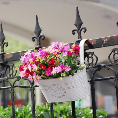 3 Pack Metal Railing Planters, 10.5" Oval Hanging Flower Pots with Detachable Hooks & Drainage Holes, Fits Rails up to 2.36", Galvanized Iron Fence Bucket for Balcony Garden Patio - Letter White - color: Letter White, size: 3 Pack, 10.5"L x 5.7"W x 4.7"H