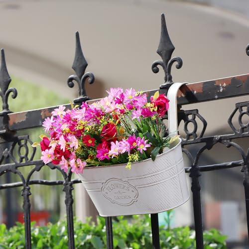 3 Pack Metal Railing Planters, 10.5" Oval Hanging Flower Pots with Detachable Hooks & Drainage Holes, Fits Rails up to 2.36", Galvanized Iron Fence Bucket for Balcony Garden Patio - Letter White - color: Letter White, size: 3 Pack, 10.5"L x 5.7"W x 4.7"H