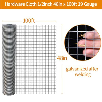 Gartist 1/2 in 48"x100' Hardware Cloth – Hot-Dip Galvanized After Welding, 19GA Chicken Wire Fencing Roll for Snake, Raccoon & Fox Prevention - size: 19G 1/2 48"x100'