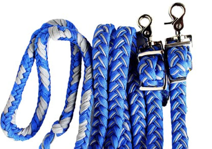CHALLENGER Roping Knotted Horse Tack Western Barrel Reins Rein Nylon Braided 8 Ft. Black WH 60703 - color: Gray Blue