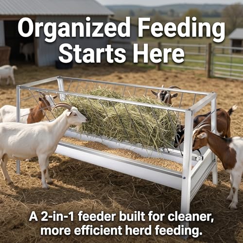 Livestock Hay Feeder,95 Gallon 2 in 1 Grain & Hay Feeder, 59 Inch Long Heavy Duty Steel Goat Hay Feeder with Deep Feeding Pan, Livestock Hay Rack for Goats, Sheep, Horse, Farm & Barn Pasture Use