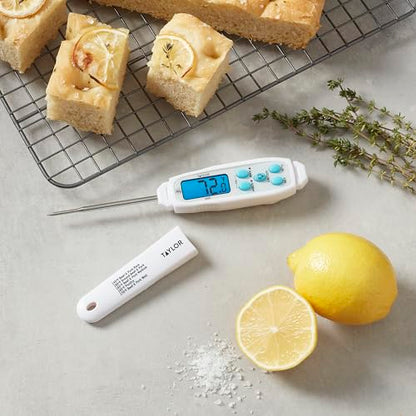 Taylor Digital Waterproof Meat Thermometer for Kitchen, Grill & BBQ, Blue Backlit Display, Narrow Step-Down Probe, Hold Function, NSF Certified, White - color: White