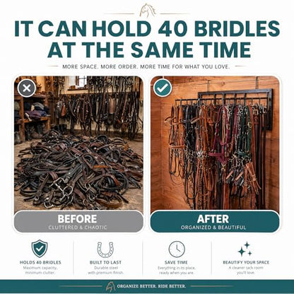40 Hook Horse Tack Rack Heavy Duty Metal Bridle Organizer with 4 Swivel Arms, Wall Mount & Stall Rail Hanging Storage for Bridles Halters Reins Equestrian Barn Stable Equipment