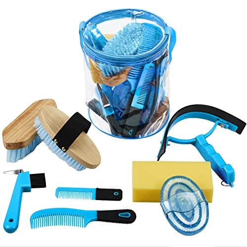 Cunhill 9 Pcs Horse Grooming Kit with Bag Curry Brushes,Cute,Blue - color: Blue, style: Cute