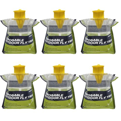 6 Pack Fly Traps Outdoor Hanging Disposable Fly Bags Trap, Effective Pre-Baited Flies Catcher for Patio, Yard, Chicken Coops, Horse Stables, Barns