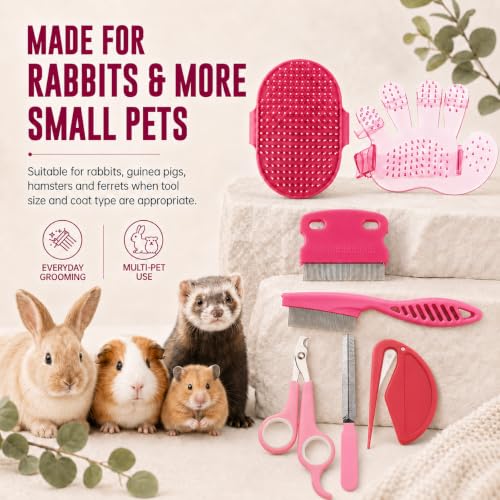 Rabbit Grooming Kit, 7-Piece Bunny Brush and Nail Care, Pink | 7 tools for loose fur, combing, light tangles and nail care; for rabbits, guinea pigs, hamsters and ferrets - color: Pink
