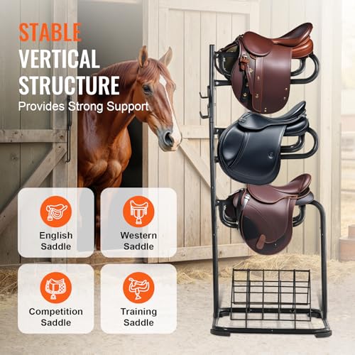 VEVOR Freestanding Saddle Stand, 30 x 30 x 68.5 in, 3 Tiers Saddle Rack, Heavy Duty Saddle Blanket Holder with Removable & Rotating Tiers, English & Western Saddle Rack for Tack Room Organization - style: XL Large 3 Tiers-1 Pack