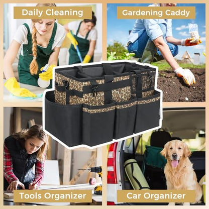 SCAVATA Wearable Cleaning Caddy, Cleaning Caddy Supplies Organizer with Handle & Shoulder Straps for Housekeepers, Under Sink & Car Cleaning Tool Organizers Bag with 4 Foldable Divider (Leopard) - color: Leopard