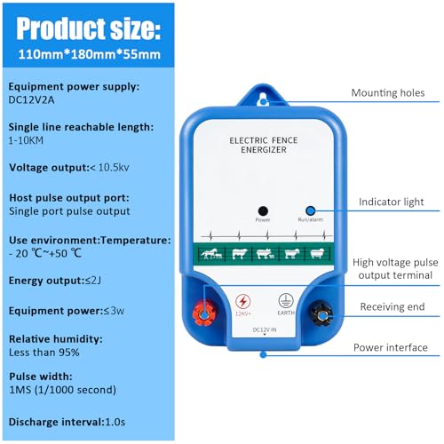Electric Fence Charger for Livestock - 10.5 kV 2 Joules High-Power Electric Fence Energizer for Containing Pets Livestock and Preventing Wild Animals Intruding (6.29in)